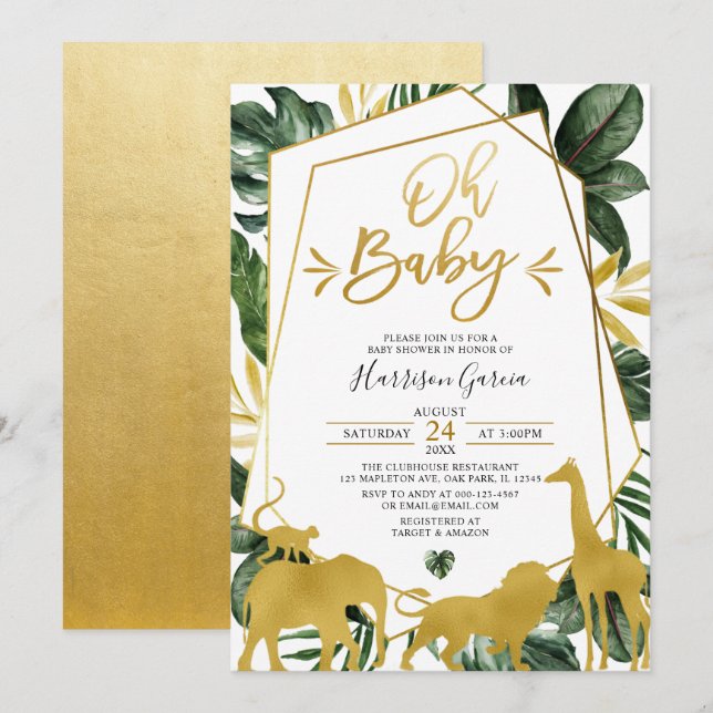 Invitation Gold Geometry Oh Baby Jungle Animaux Baby shower (Devant / Derrière)