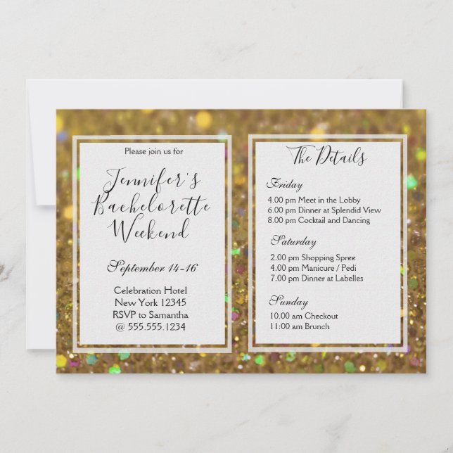 Invitation Gold Glam Bachelorette Week-end Party (Devant)
