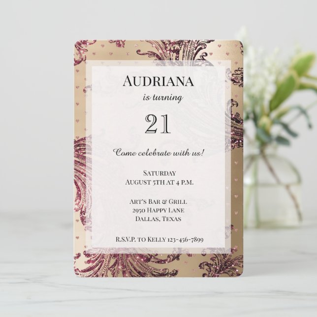 Invitation Gold Glam Coeurs Bourgogne Anniversaire (Debout devant)