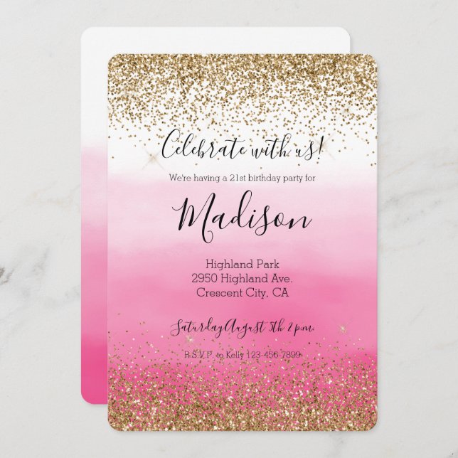 Invitation Gold Glam Glitzy Sparkle Parties scintillant Pink  (Devant / Derrière)