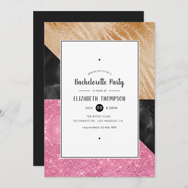 Invitation Gold Glam Parties scintillant Bachelorette (Devant / Derrière)