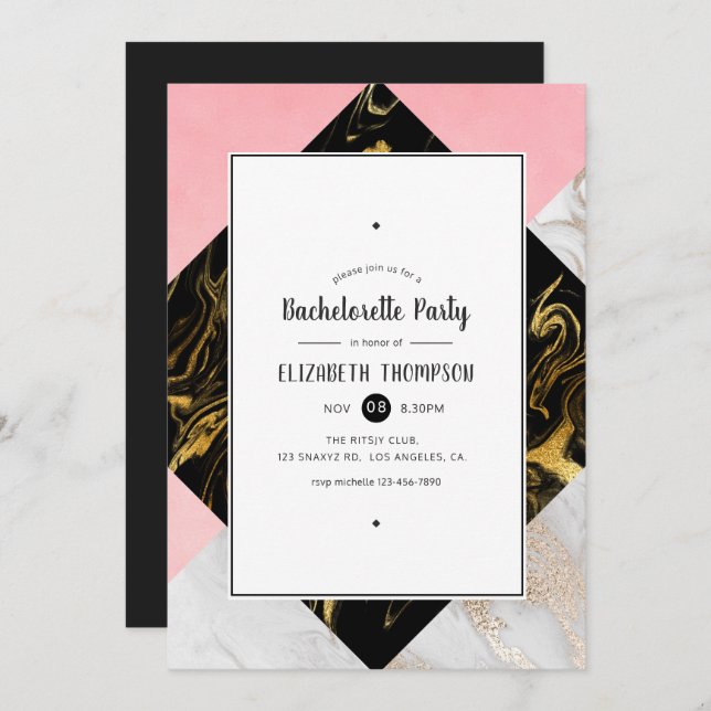 Invitation Gold Glam Parties scintillant Marbre Bachelorette  (Devant / Derrière)