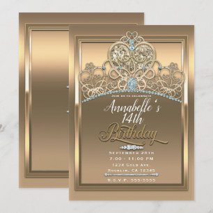 Invitation Gold Glam Princess Heart Tiara Birthday Party
