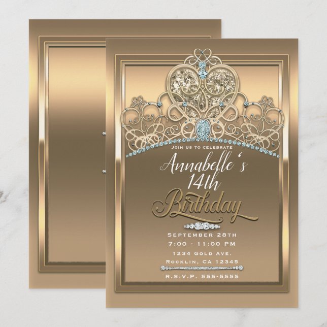 Invitation Gold Glam Princess Heart Tiara fête d'anniversaire (Devant / Derrière)