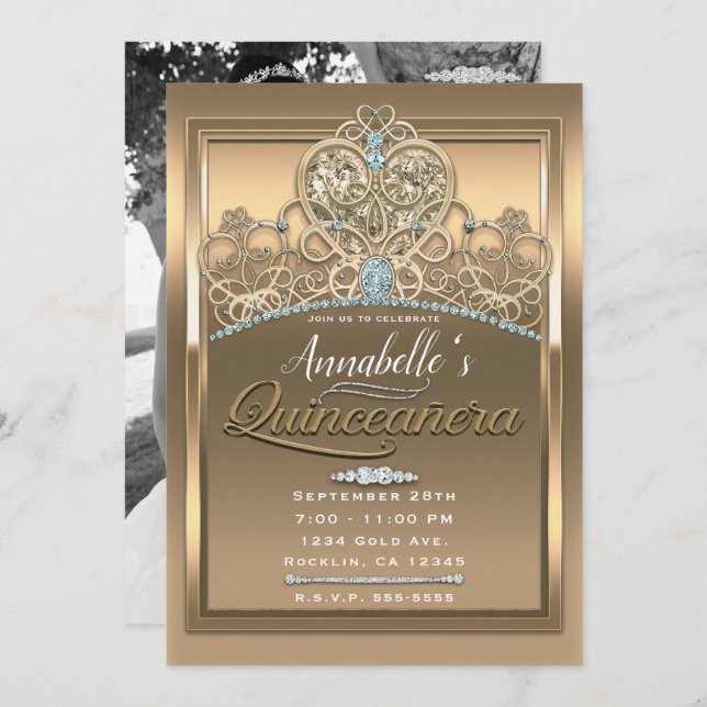 Invitation Gold Glam Princess Heart Tiara Quinceañera Photo (Devant / Derrière)