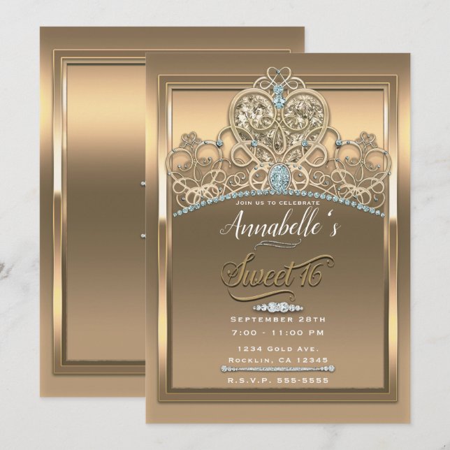 Invitation Gold Glam Princess Heart Tiara Sweet 16 Party (Devant / Derrière)