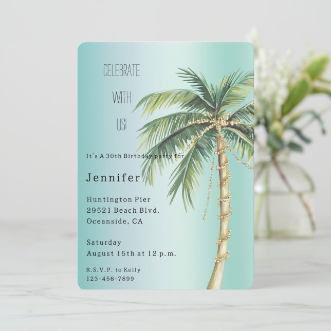 Invitation Gold Glam Tropical Palm Tree Anniversaire (Debout devant)