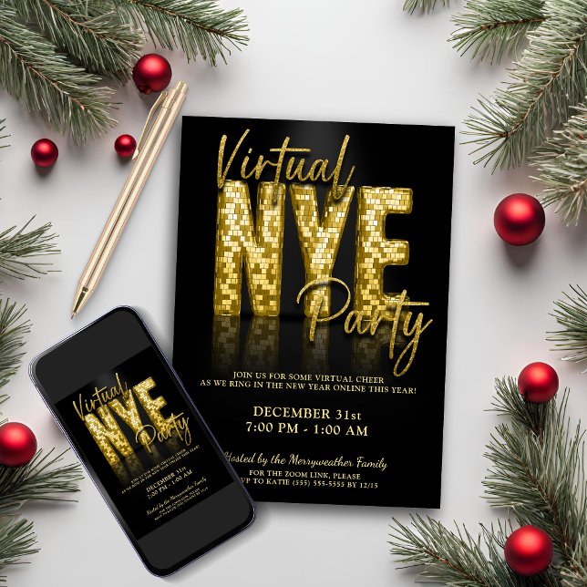Invitation Gold Glam Virtual New Years Eve Party (Gold Glam Virtual New Years Eve Party Invitation)