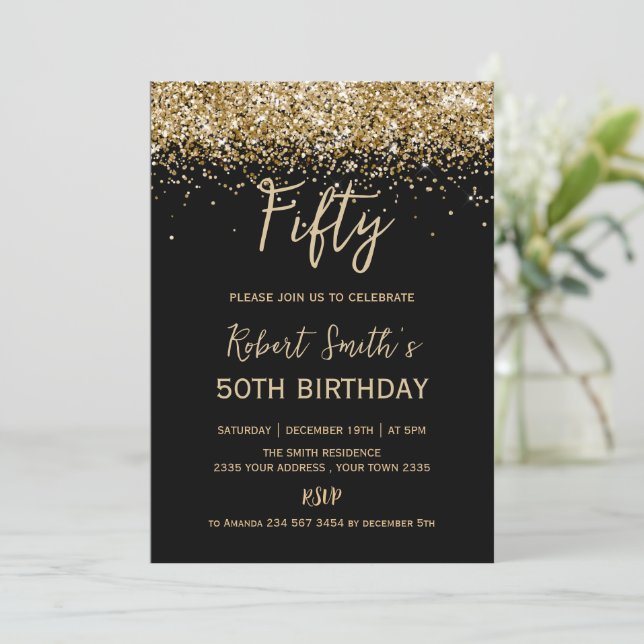 Invitation Gold Glitter 50th Surprise Birthday Party Black (Debout devant)