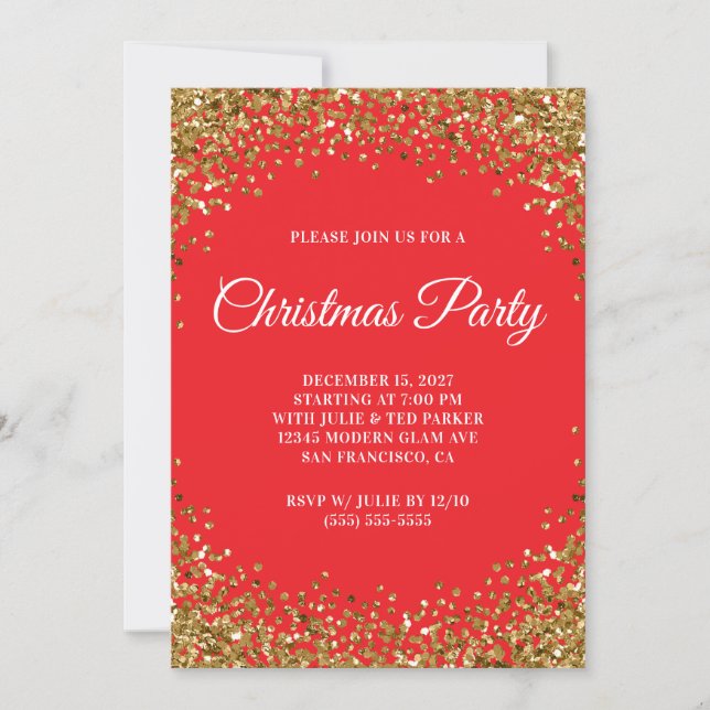 Invitation Gold Glitter Border Red Christmas Party (Devant)