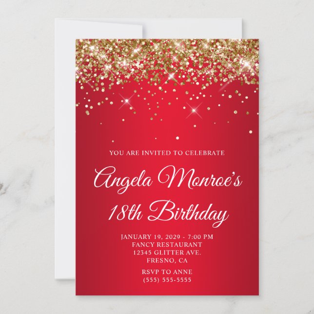 Invitation Gold Glitter Bright Red Gradient 18th Birthday (Devant)