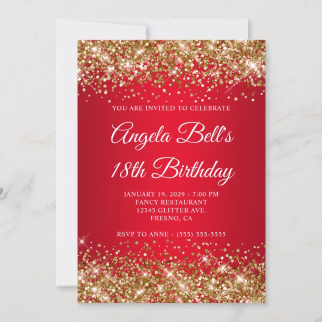 Invitation Gold Glitter Bright Red Ombre 18th Birthday (Devant)