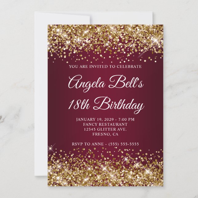 Invitation Gold Glitter Burgundy Ombre 18th Birthday (Devant)