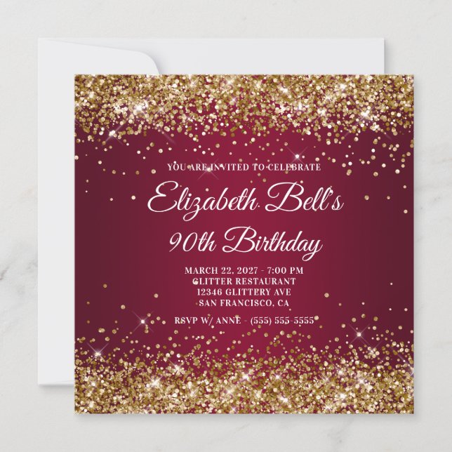 Invitation Gold Glitter Burgundy Ombre 90th Birthday (Devant)