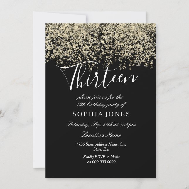 Invitation Gold Glitter Confetti Black 13e anniversaire fête (Devant)