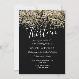 Invitation Gold Glitter Confetti Black 13e anniversaire fête