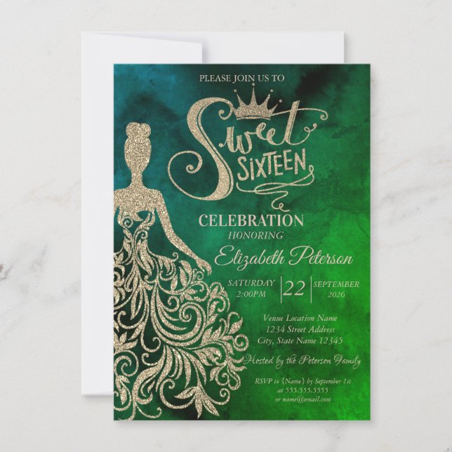 Invitation Gold Glitter Dress,Diamonds Watercolor Green  (Devant)