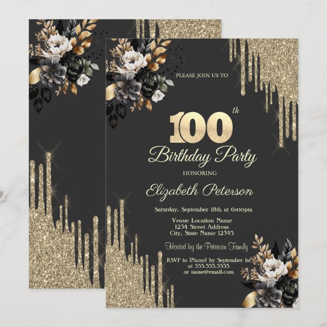 Invitation Gold Glitter Drips Black Roses Dark 100th (Devant / Derrière)