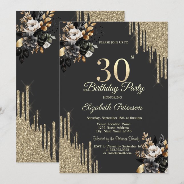 Invitation Gold Glitter Drips Black Roses Dark 30th Birthday  (Devant / Derrière)