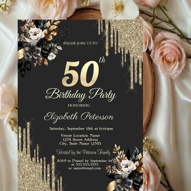 Invitation Gold Glitter Drips Black Roses Dark 50th Birthday  (Créateur téléchargé)