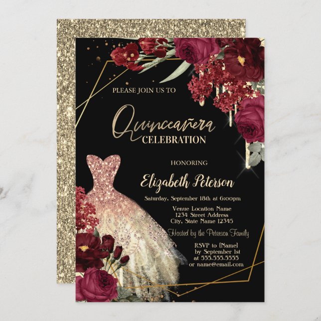 Invitation Gold Glitter Drips,Dress Red Roses Quinceañera (Devant / Derrière)