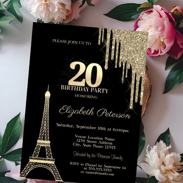 Invitation Gold Glitter Drips, Eiffel Tower 20th Birthday (Créateur téléchargé)