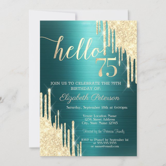 Invitation Gold Glitter Drips Green Metallic 75th Birthday (Devant)