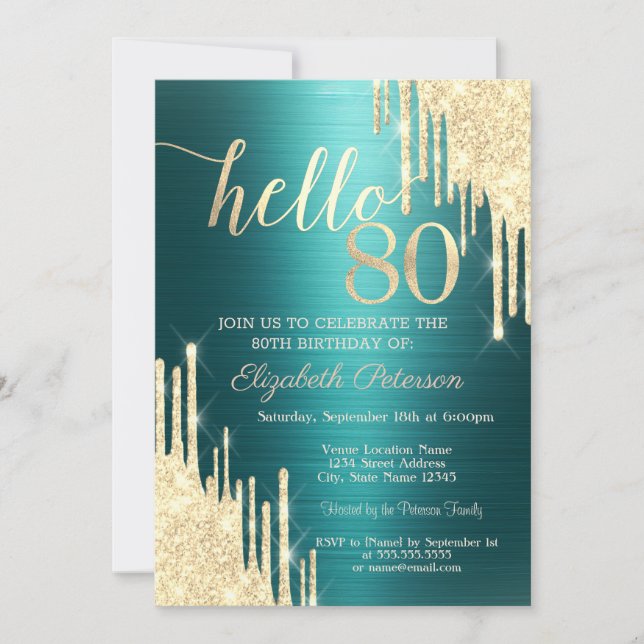 Invitation Gold Glitter Drips Green Metallic 80th Birthday (Devant)