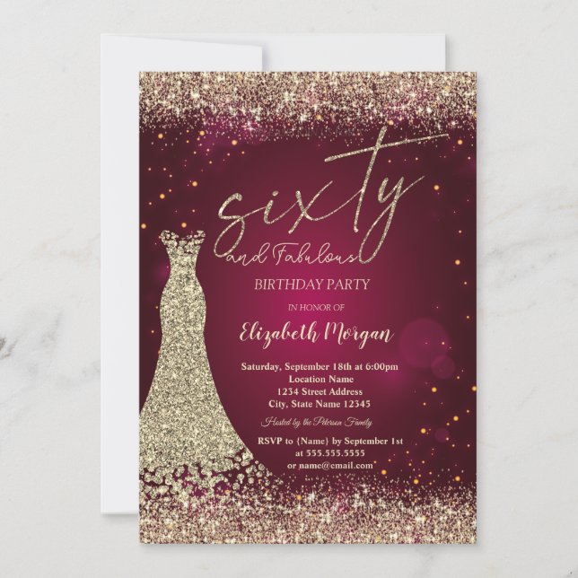 Invitation Gold Glitter Dust Border Dress Red 60th Birthday  (Devant)