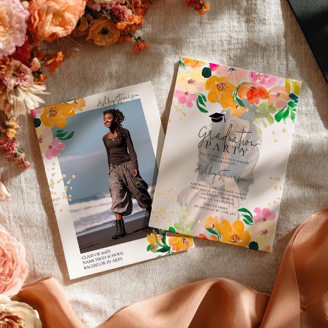 Invitation Gold glitter floral photo botanical graduation (Gold glitter floral photo botanical graduation invitation)