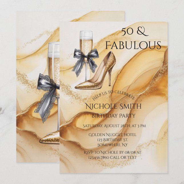 Invitation Gold Glitter High Heel 50 & Fabulous Birthday (Devant / Derrière)