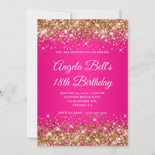 Invitation Gold Glitter Hot Pink Ombre Monogram 18th Birthday (Devant)