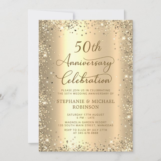 Invitation Gold Glitter Metallic 50th Wedding Anniversary (Devant)