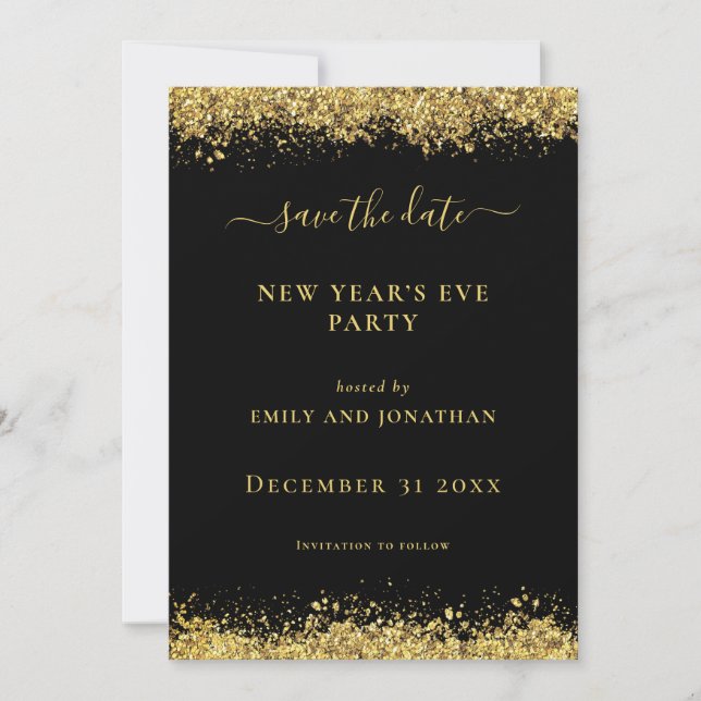 Invitation Gold Glitter New Year Party Black Save Date card (Devant)