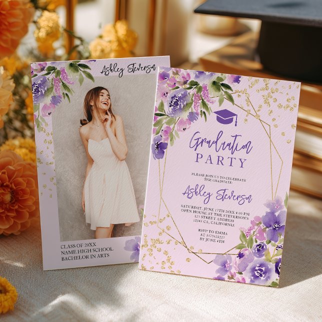 Invitation Gold glitter Purple girly floral photo graduation (Gold glitter Purple girly floral photo graduation Invitation)
