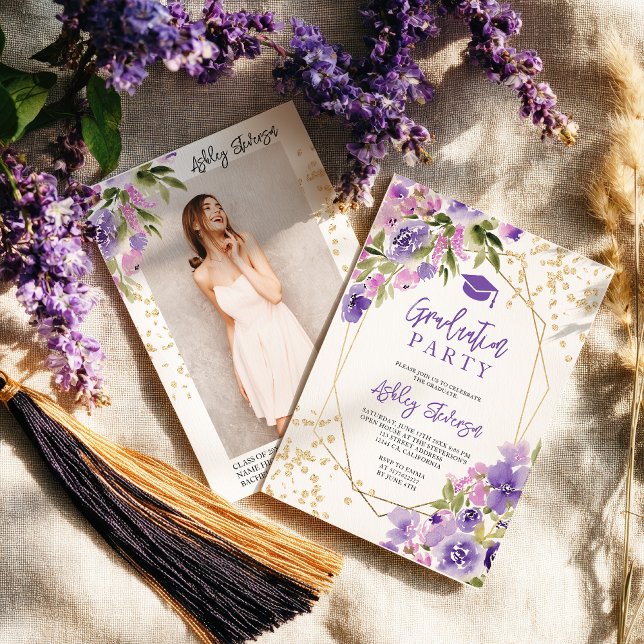 Invitation Gold glitter Purple girly floral photo graduation (Gold glitter Purple girly floral photo graduation Invitation)