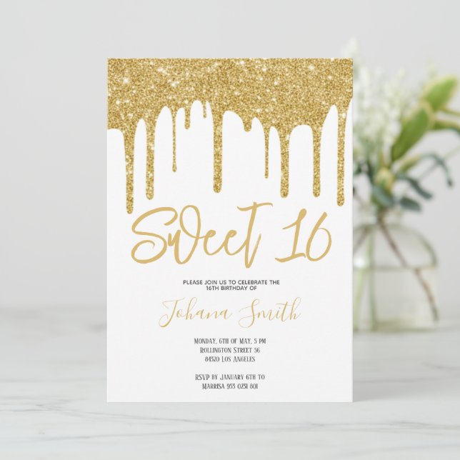 Invitation Gold Glitter Sweet Sixteen Girl Birthday Party (Debout devant)