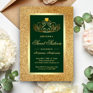 Invitation Gold Glitter Tiara Princess Green Sweet Sixteen