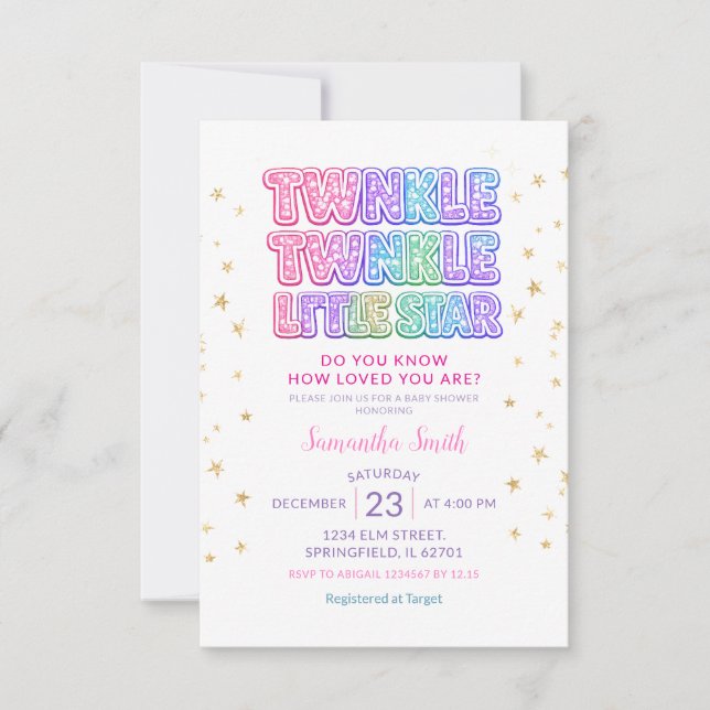 Invitation Gold Glitter Twinkle Little Star Baby Shower (Devant)
