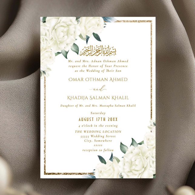 Invitation Gold Glitter White Floral Islamic Muslim Wedding (Créateur téléchargé)