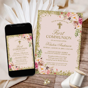 Invitation Gold Glitters Blush Pink Floral First Communion