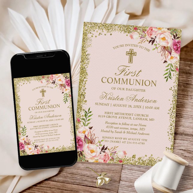 Invitation Gold Glitters Blush Pink Floral First Communion (Créateur téléchargé)