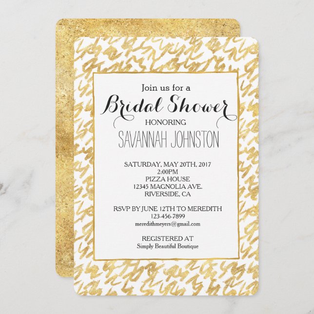 Invitation Gold Glitz Abstrait Squiggles douche de nuptiale (Devant / Derrière)