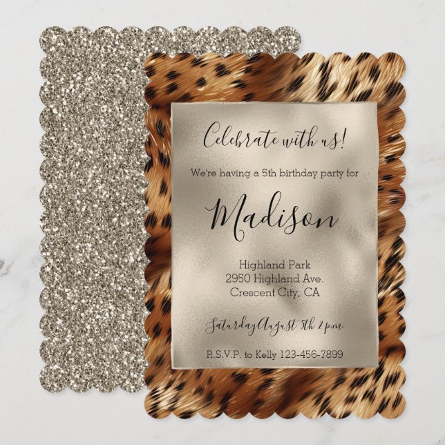 Invitation Gold Glitz Parties scintillant élégante Leopard (Devant / Derrière)