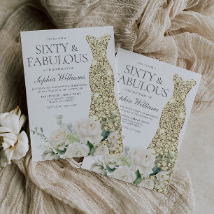 Invitation Gold Gown Fleurs blanches élégant 60e anniversaire
