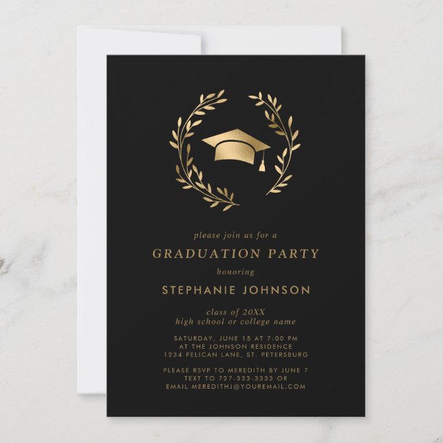 Invitation Gold Grad Casquette Wreath Chic Black Graduation P (Devant)
