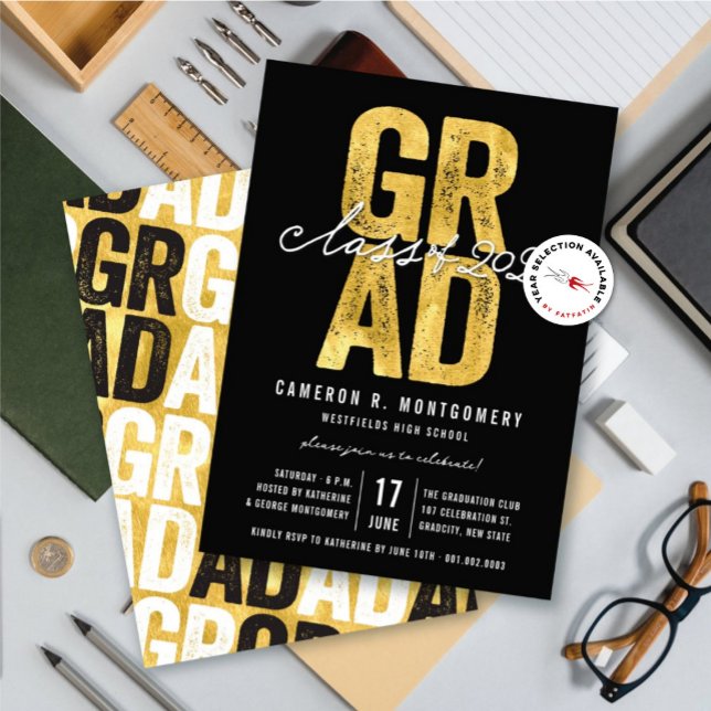 Invitation Gold GRAD Class of 2025 Stylish Graduation Party (Gold & Black Bold GRAD Class of 2025 Stylish Graduation Party Invitation @ zazzle.com/color_therapy)
