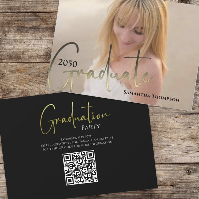 Invitation Gold Graduated Black Calligraphy Photo QR Code (Créateur téléchargé)