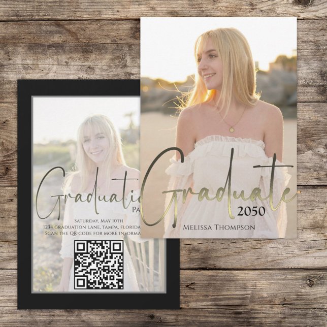 Invitation Gold Graduated Black Calligraphy Photo QR Code (Créateur téléchargé)