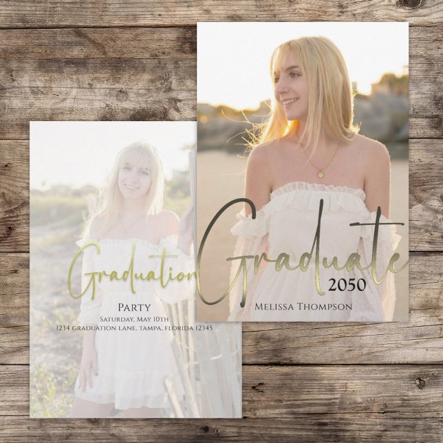 Invitation Gold Graduated Black Calligraphy Simple Two Photo (Graduation photo invitation announcement with gradient gold calligraphy. )